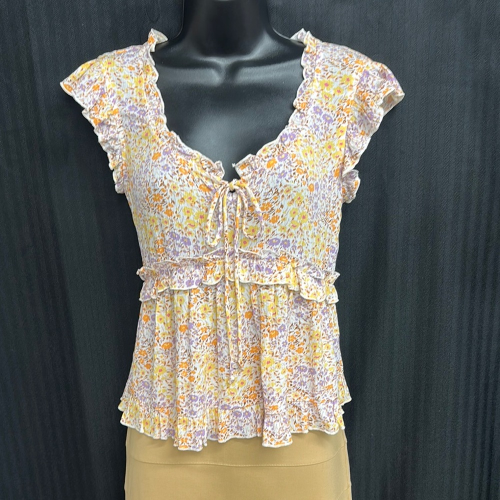 Ruffled Cap Sleeve Blouse in Purple and Yellow